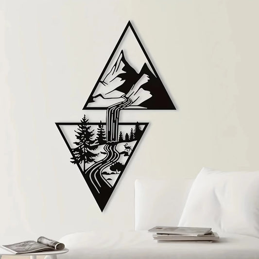 Arte de Parede em Metal - Montanha com Cascata, Decoração Moderna e Elegante
